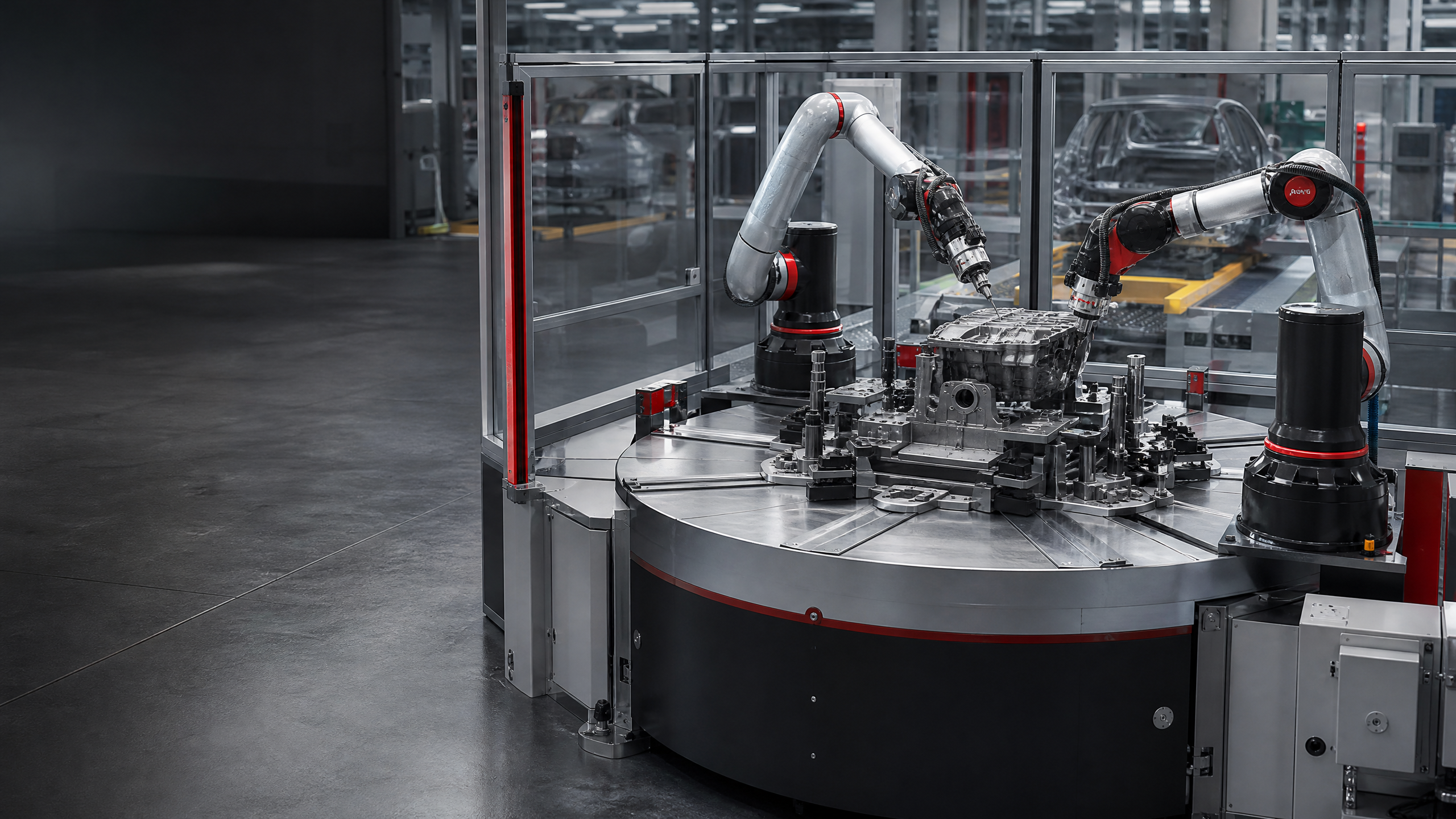 Automotive assembly cell with rotary indexing table and industrial robots