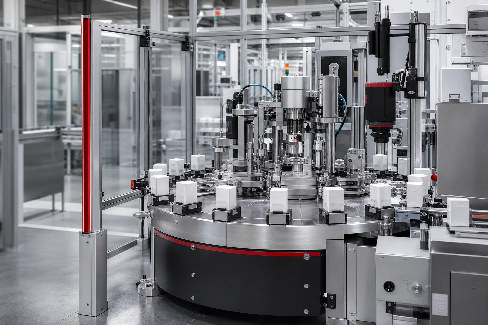 Automated packaging line with rotary indexing table and inspection stations