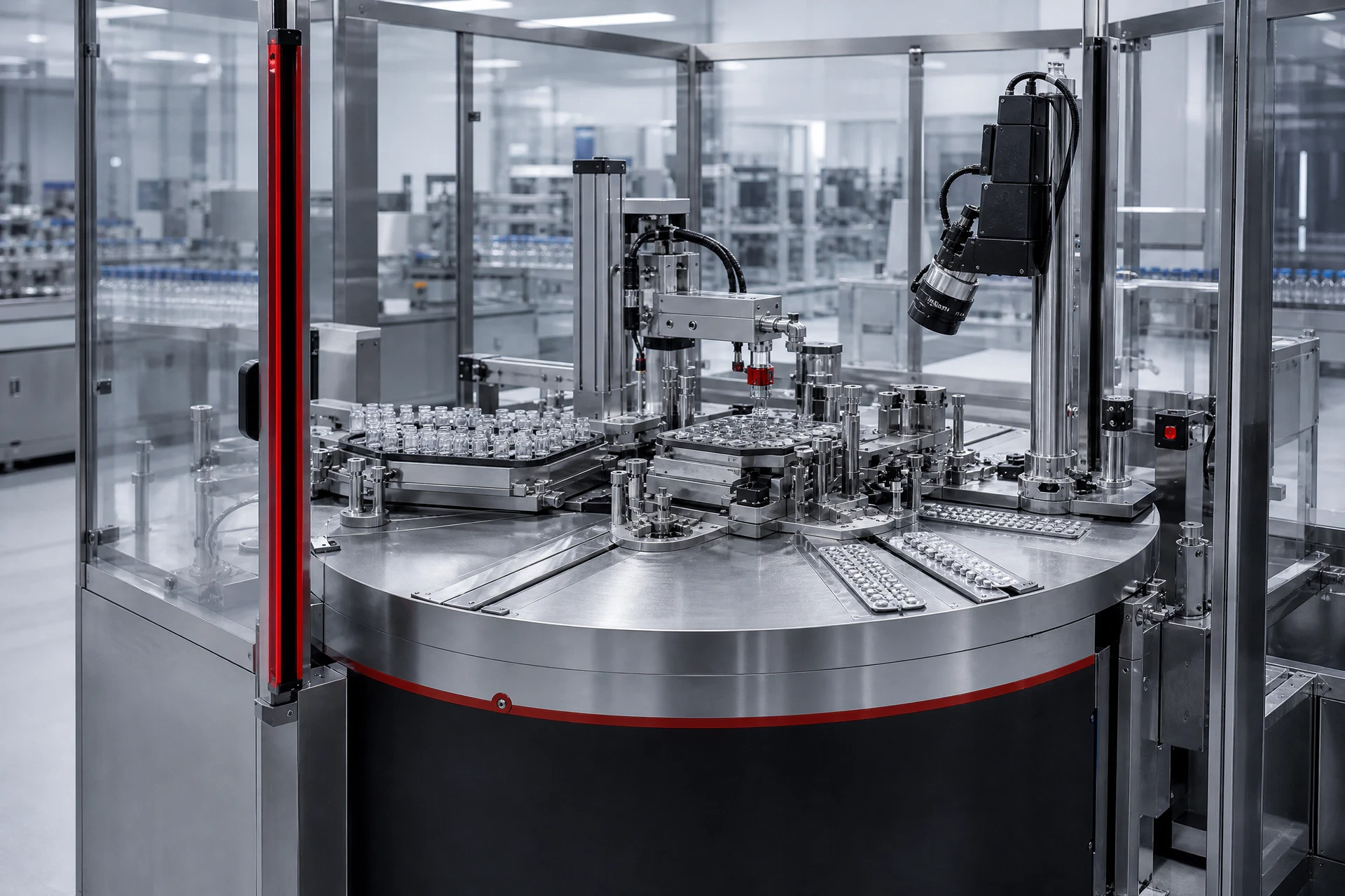 Pharmaceutical automation cell with indexing table and inspection station