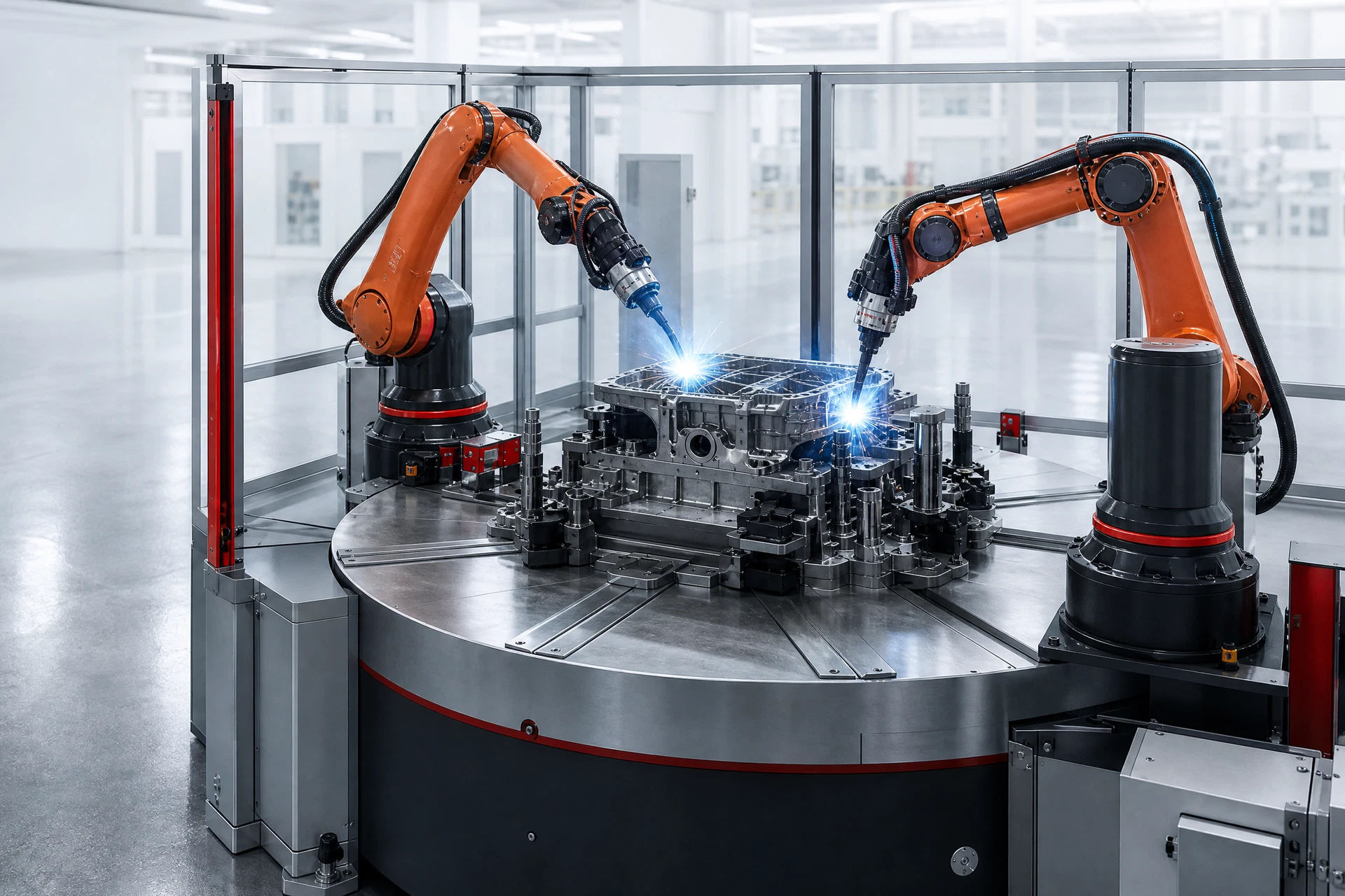 Robotic welding cell with rotary indexing table and industrial robots